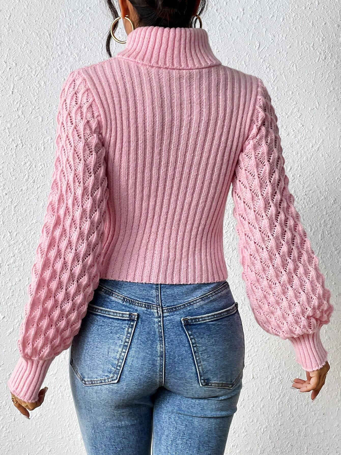 Rafferiza Solid Turtleneck Cut Out Front Cable Knit Sweater,Long Sleeve Tops