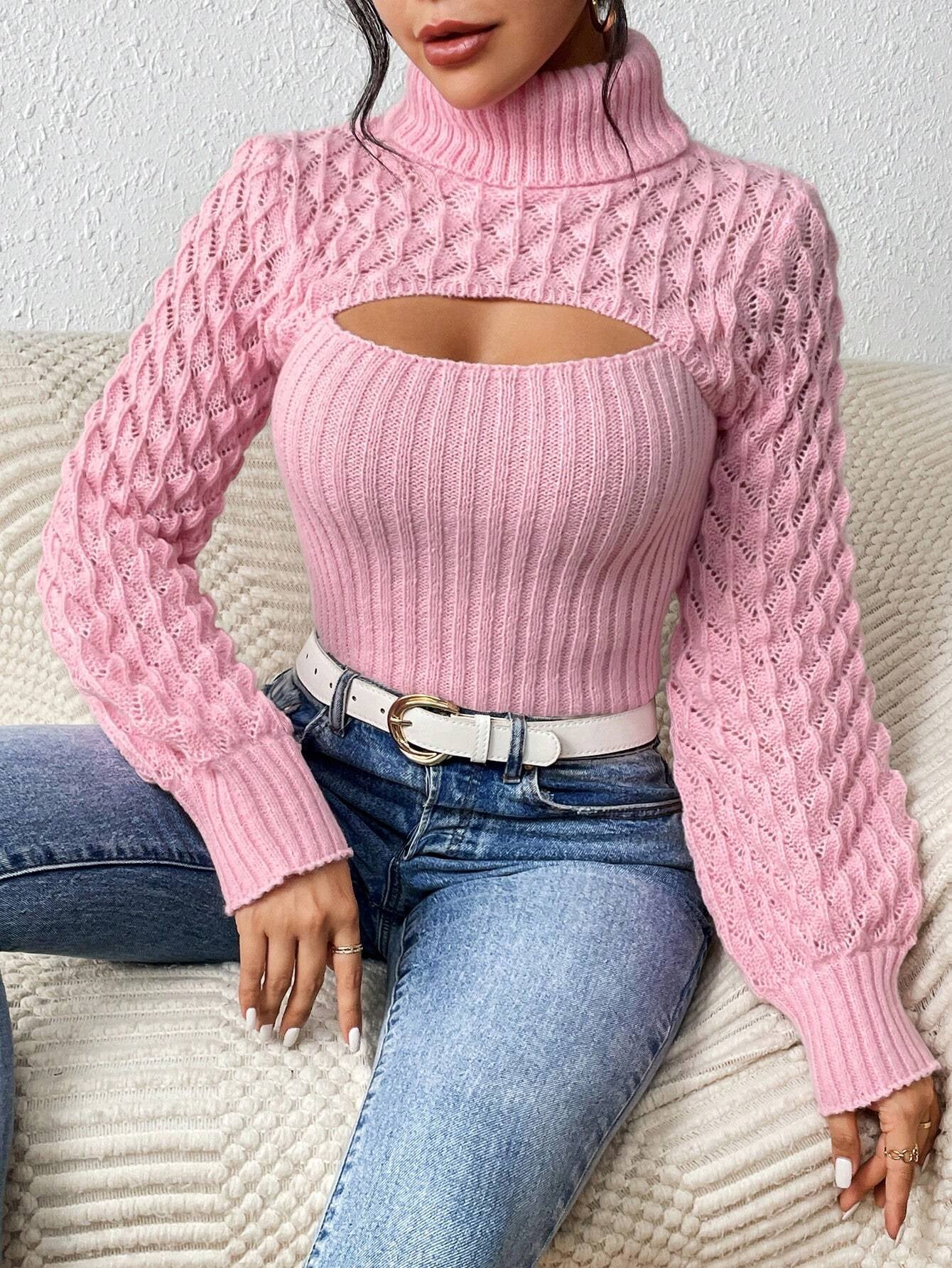 Rafferiza Solid Turtleneck Cut Out Front Cable Knit Sweater,Long Sleeve Tops