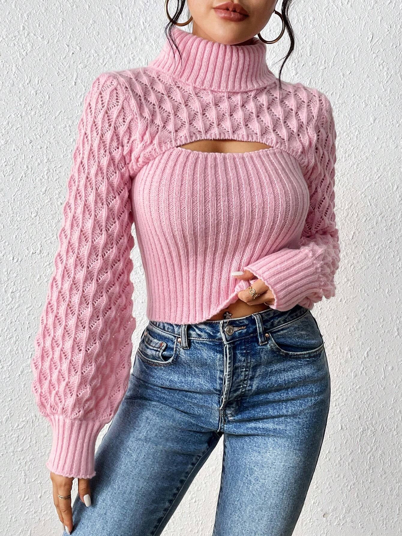 Rafferiza Solid Turtleneck Cut Out Front Cable Knit Sweater,Long Sleeve Tops