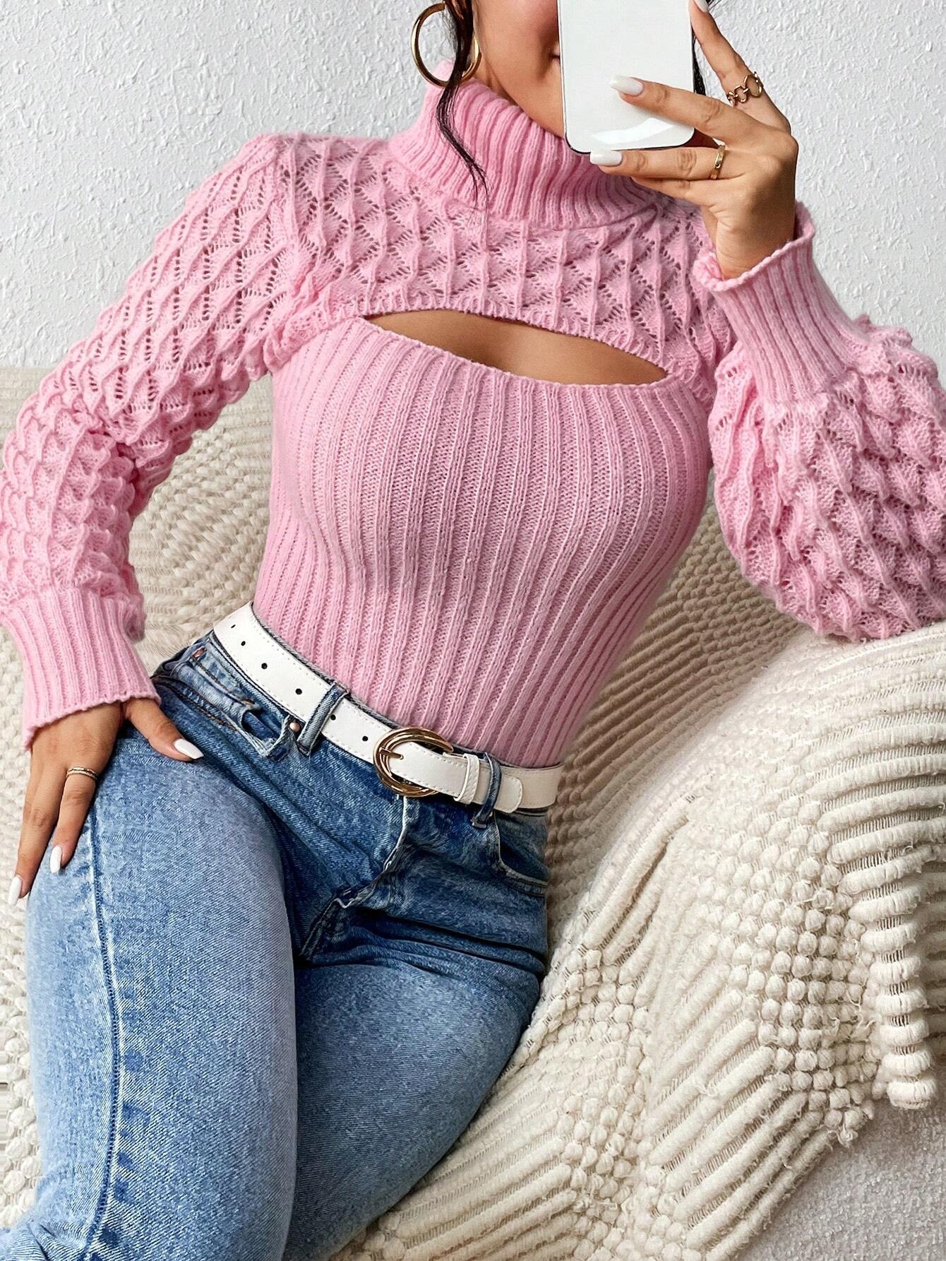 Rafferiza Solid Turtleneck Cut Out Front Cable Knit Sweater,Long Sleeve Tops