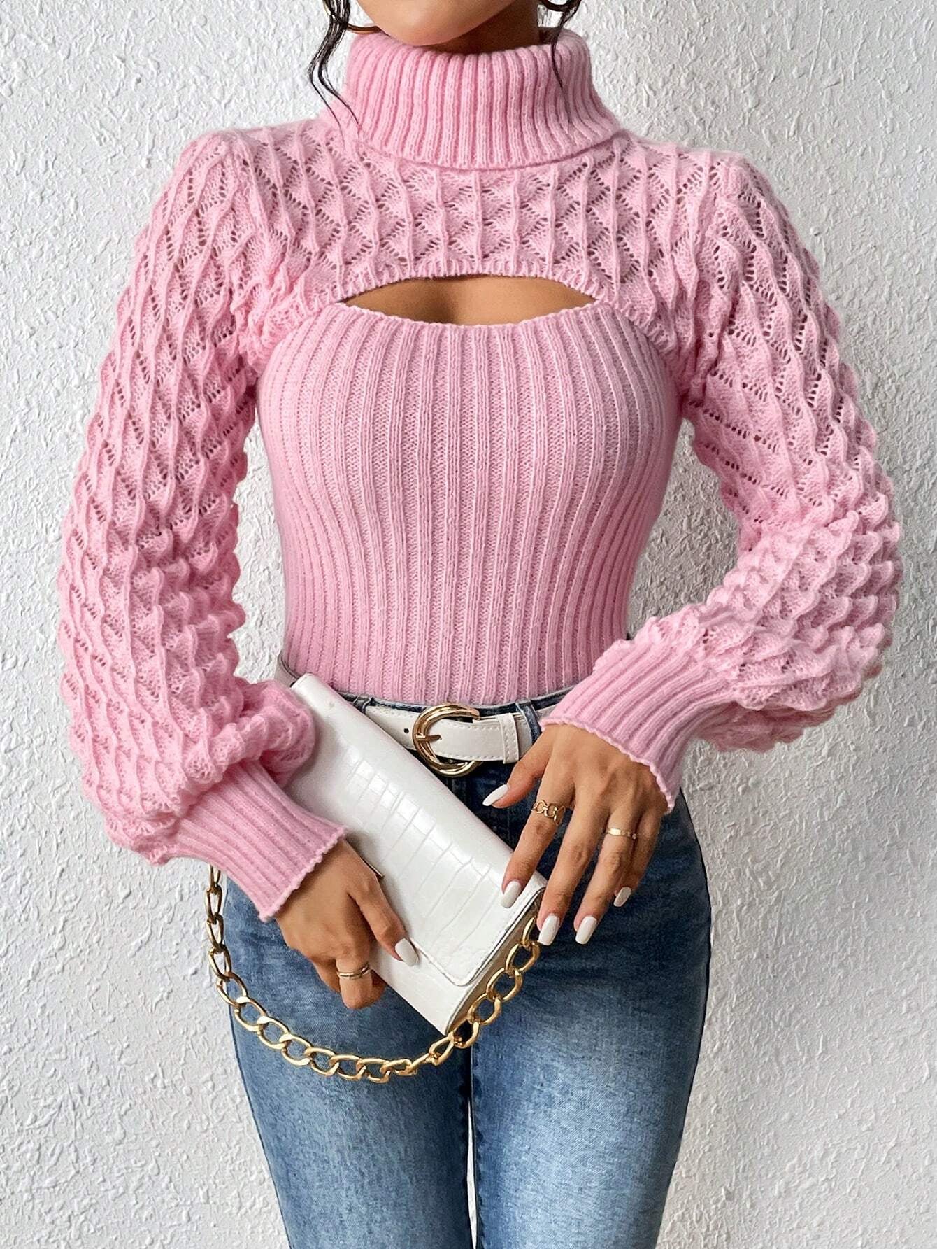 Rafferiza Solid Turtleneck Cut Out Front Cable Knit Sweater,Long Sleeve Tops