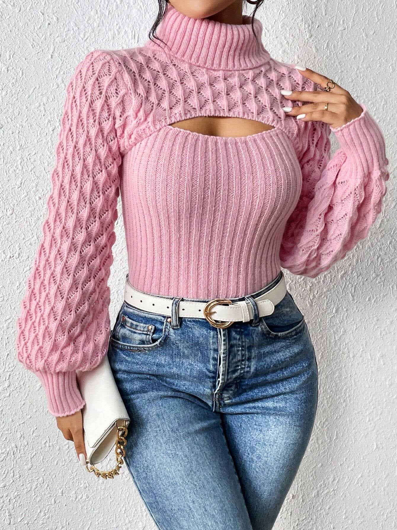 Rafferiza Solid Turtleneck Cut Out Front Cable Knit Sweater,Long Sleeve Tops